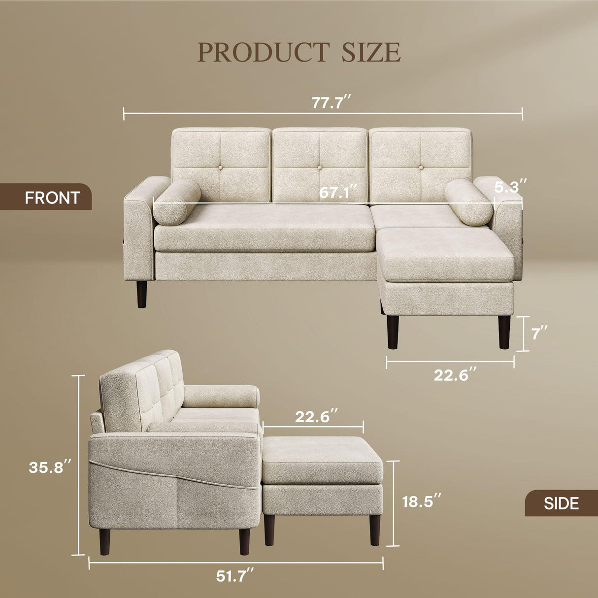 YITAHOME 78" Sectional Sofa Couch with Removable Ottoman, Cat-Scratch-Proof Fabric Sofa for Living Room Apartment, L-Shaped Sofa with 2 Cylinder Neck Pillows and Storage Pocket, Beige YITAHOME