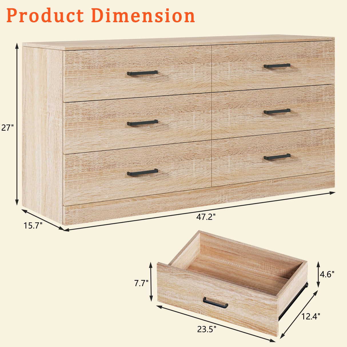 LIMGLIM 6 Drawer Dresser for Bedroom, Wooden Chest of Drawers with Metal Handles, Mid Century Modern Bedroom Dressers, TV Stand Large Storage Organizer for Living Room, Entryway, Light Oak LIMGLIM