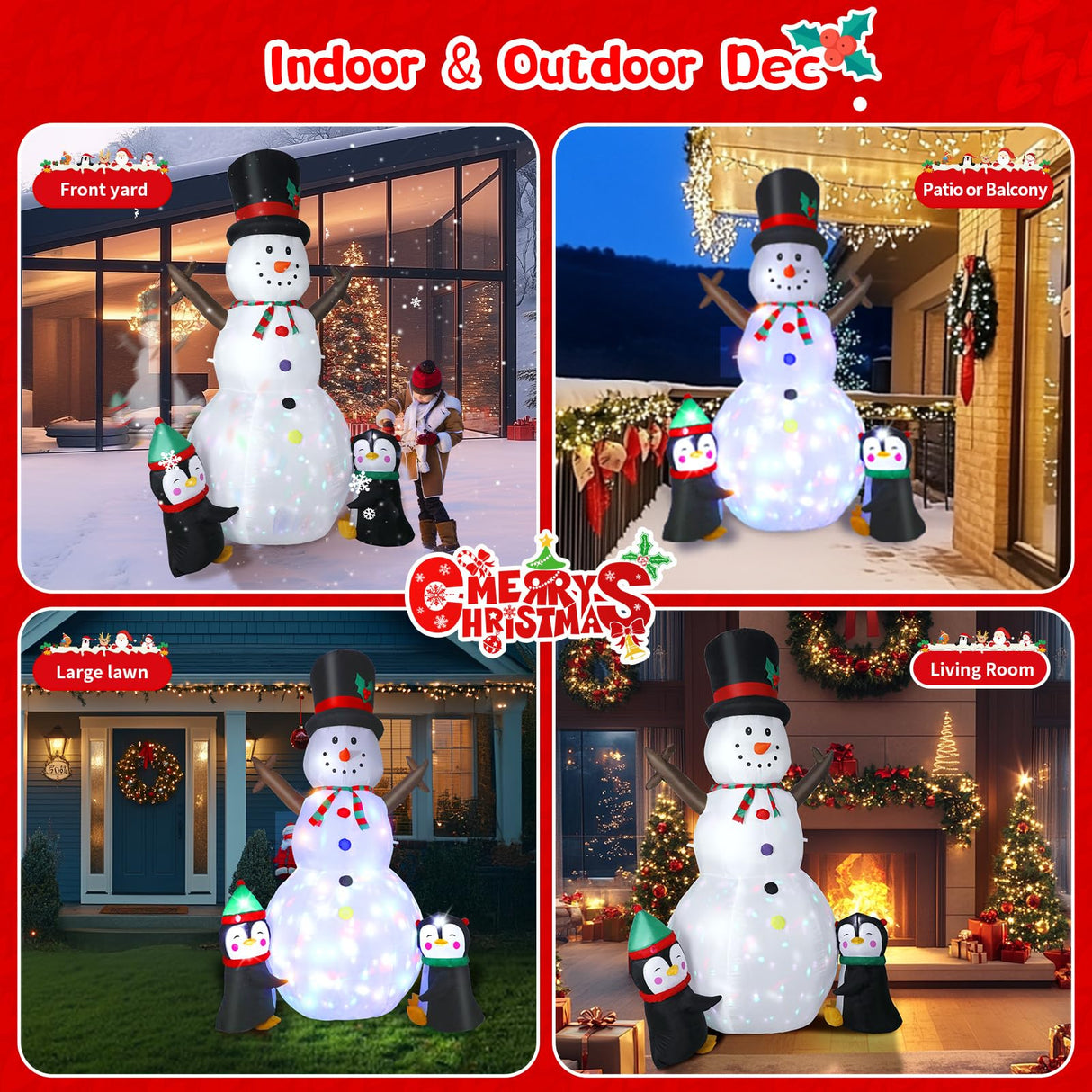 Dawdix 8FT Christmas Decs Inflatable Snowman, Christmas Blow Up Yard Decs Snowman with Penguins, Built-in Colorful Rotating LED Lights, for Holiday Xmas Party Garden, for Him, Her Dawdix