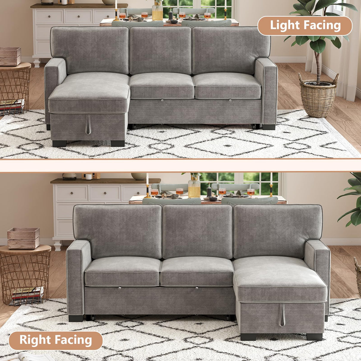 HAOMARKETS L Shaped Convertible Sleeper Sofa Bed, 90” Pull Out Couch Bed with Cup Holders and USB Charging Port, Sectional Couch Reversible Chaise with Storage for Living Room Apartment, Grey HAOMARKETS