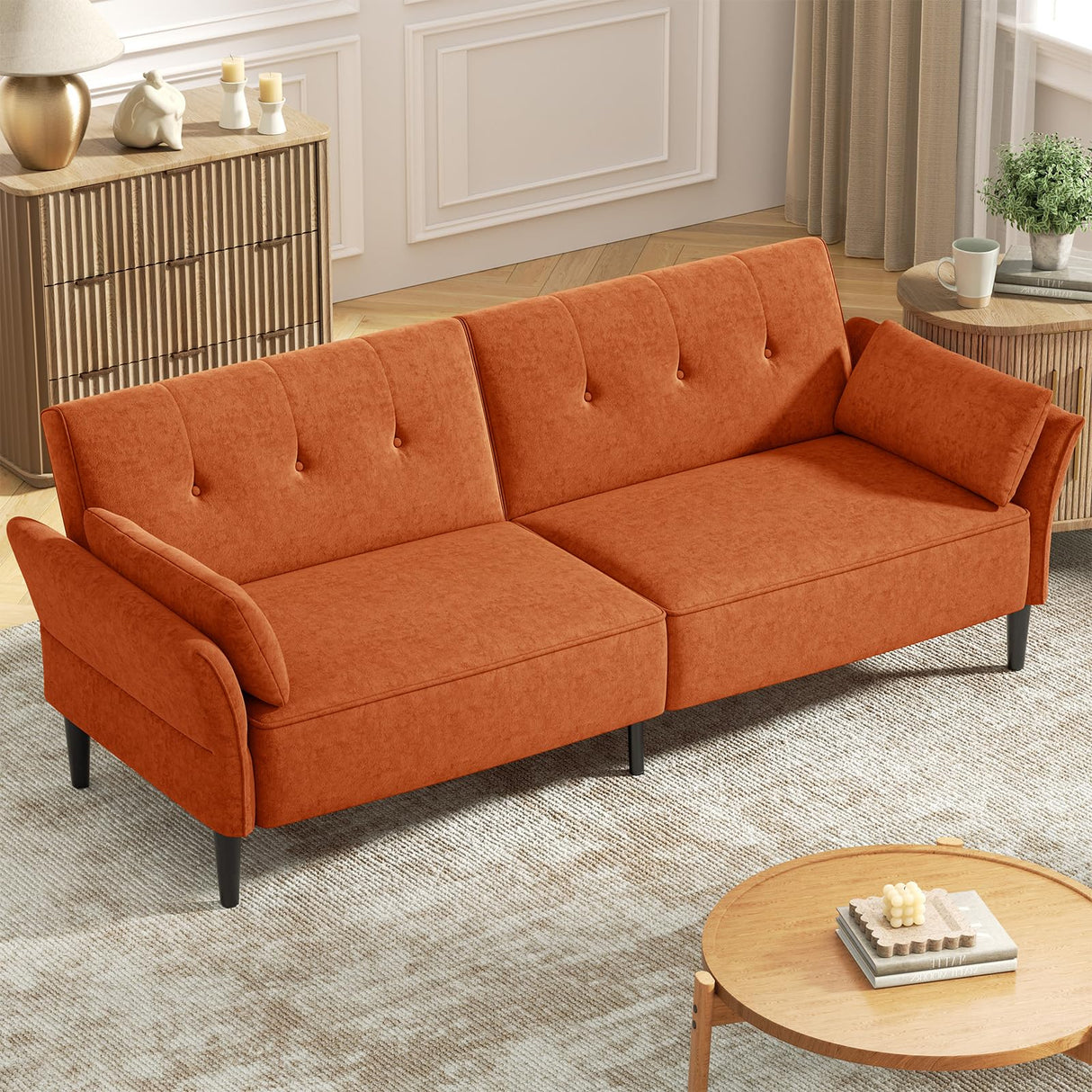 COPIAE 89” Futon Sofa Bed, Comfy Futon Couch Bed with 2 Square Pillows, Convertible Sleeper Sofa with Adjustable Backrest&Armrests, Modern Loveseat Sleeper for Living Room,Velvet Fabric,Burnt Orange COPIAE