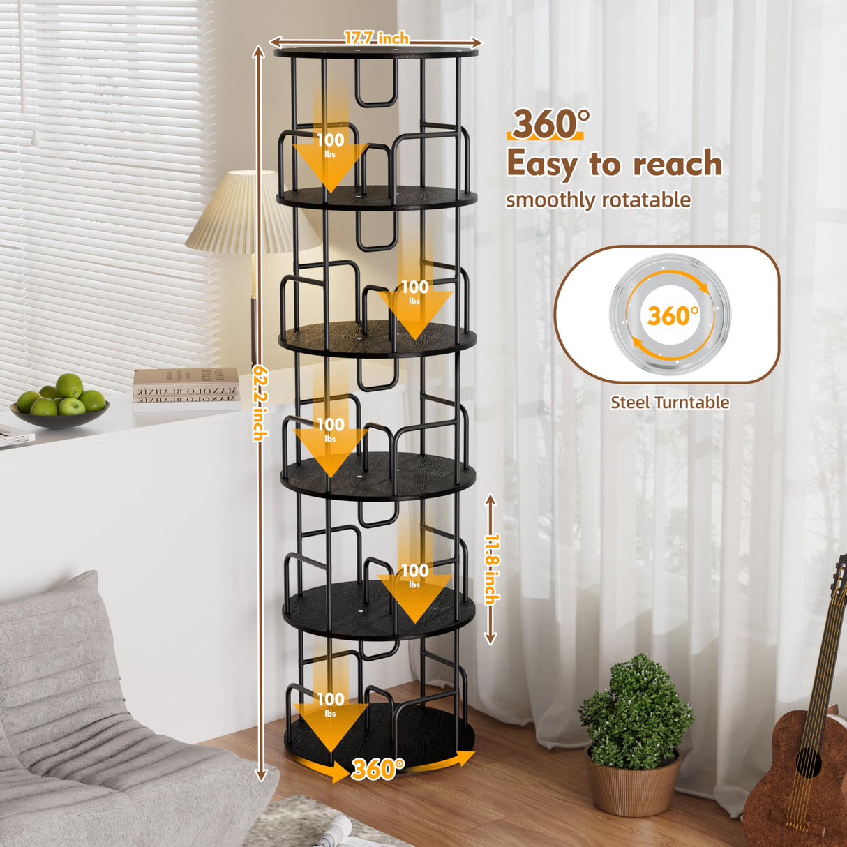 YZU Rotating Bookshelf Tower 5 Tier,Spinning Bookcase, Revolving 360 Book Shelf Narrow Tall Bookcase, Vertical Turning Round Storage Bookshelf,Book Shelf Organizer for Bedroom, Living Room (Black) YZU