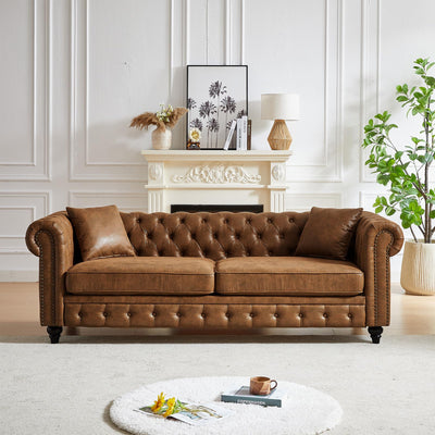 Modern Chesterfield Sofa Couch, 85.5-inch Tech Fabric 3-Seater Sofa with Rolled Arms and Tufted Button for Living Room, Office, Brown