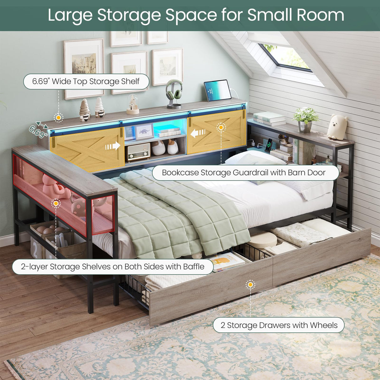 DICTAC Twin XL Corner Bed Frame with Storage Drawers,Charging Station and Led Lights Farmhouse Metal Platform Bed Frame with Sliding Barn Doors,Twin XL Daybed with Storage Headboard,Rustic Gray DICTAC