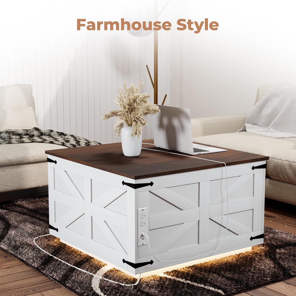 Lift Top Coffee Table with Storage Farmhouse Square Rustic Center Table for Living Room, LED Lights, Charging Station, Hinged Soft Close, Large Hidden Storage, Modern, Metal Corner, White Wood VVFLU