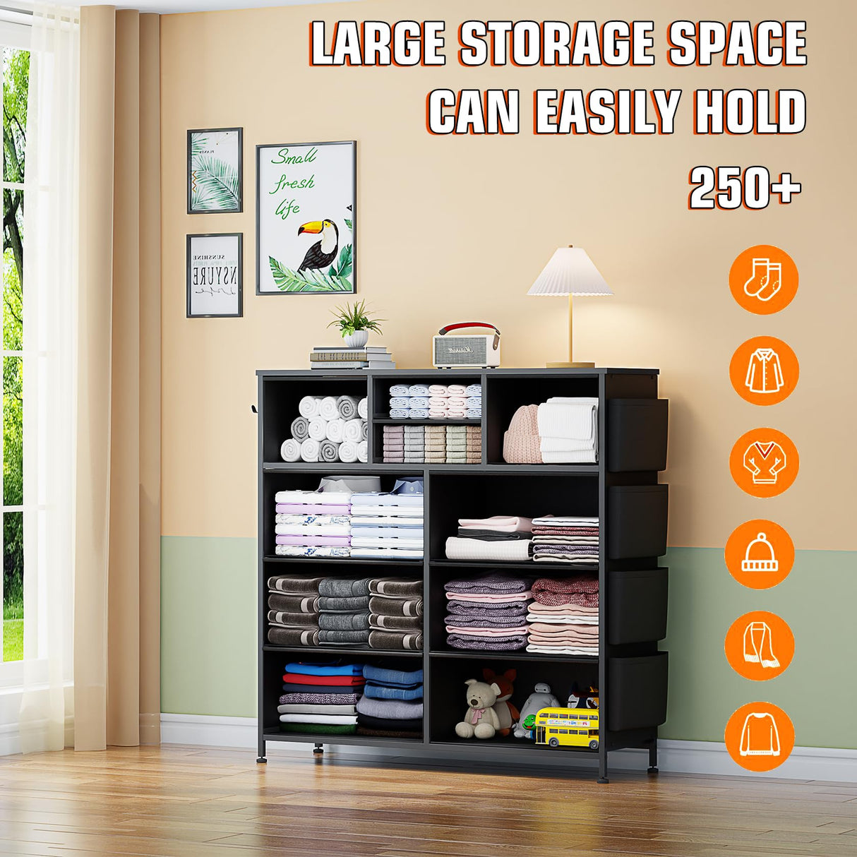 YaFiti Dresser for Bedroom with 10 Drawers, Chest of Drawers with Side Pockets, Hooks, Wooden Top and Sturdy Metal Frame, Fabric Dresser Drawers for Living Room, Hallway (Black Wood Veins) YaFiti