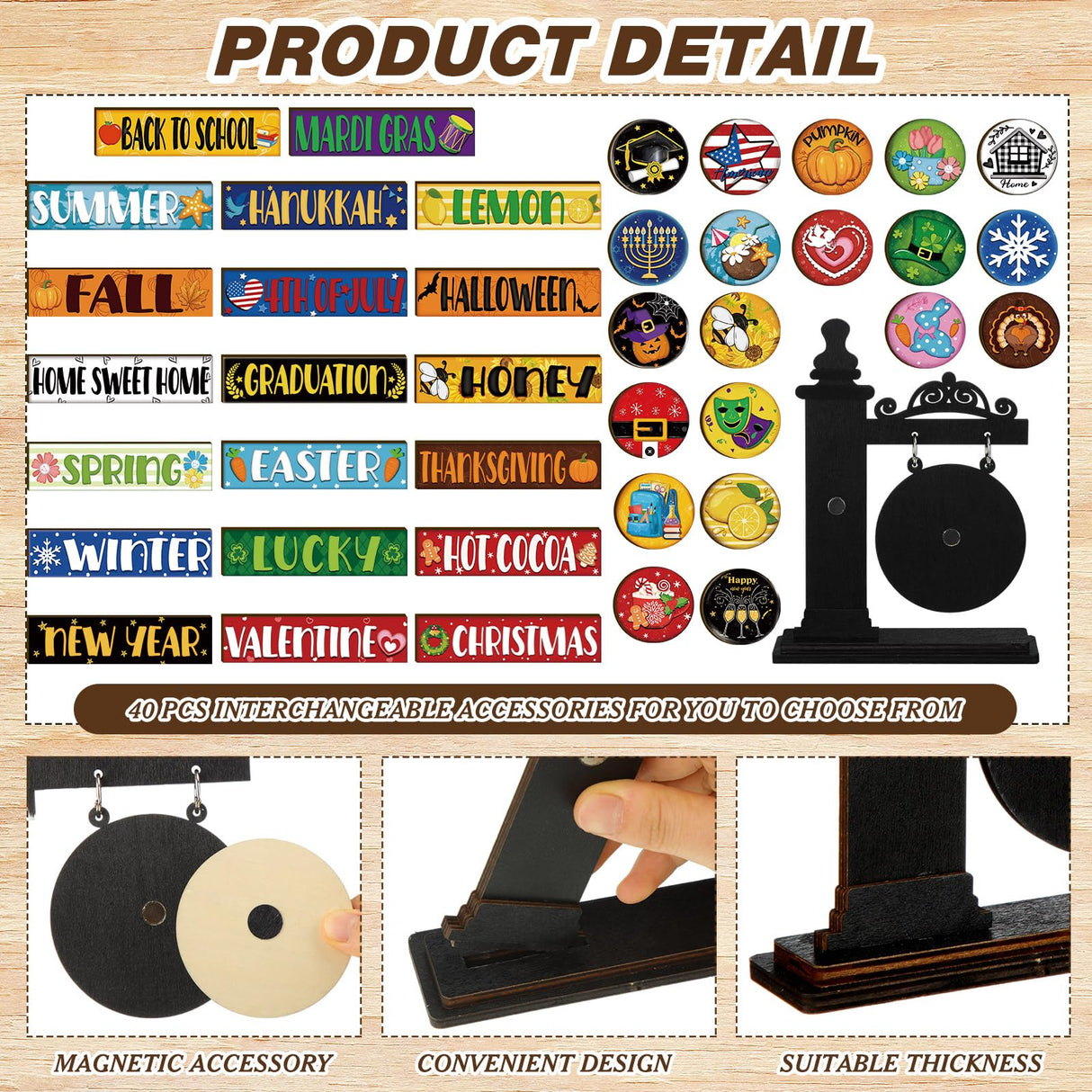 RattanView 41 Pcs Interchangeable Seasonal Decor Mini Standing Sign Farmhouse Convertible Seasonal Wood Welcome Sign for Halloween Thanksgiving Christmas Holiday Table Decor(Black) RattanView