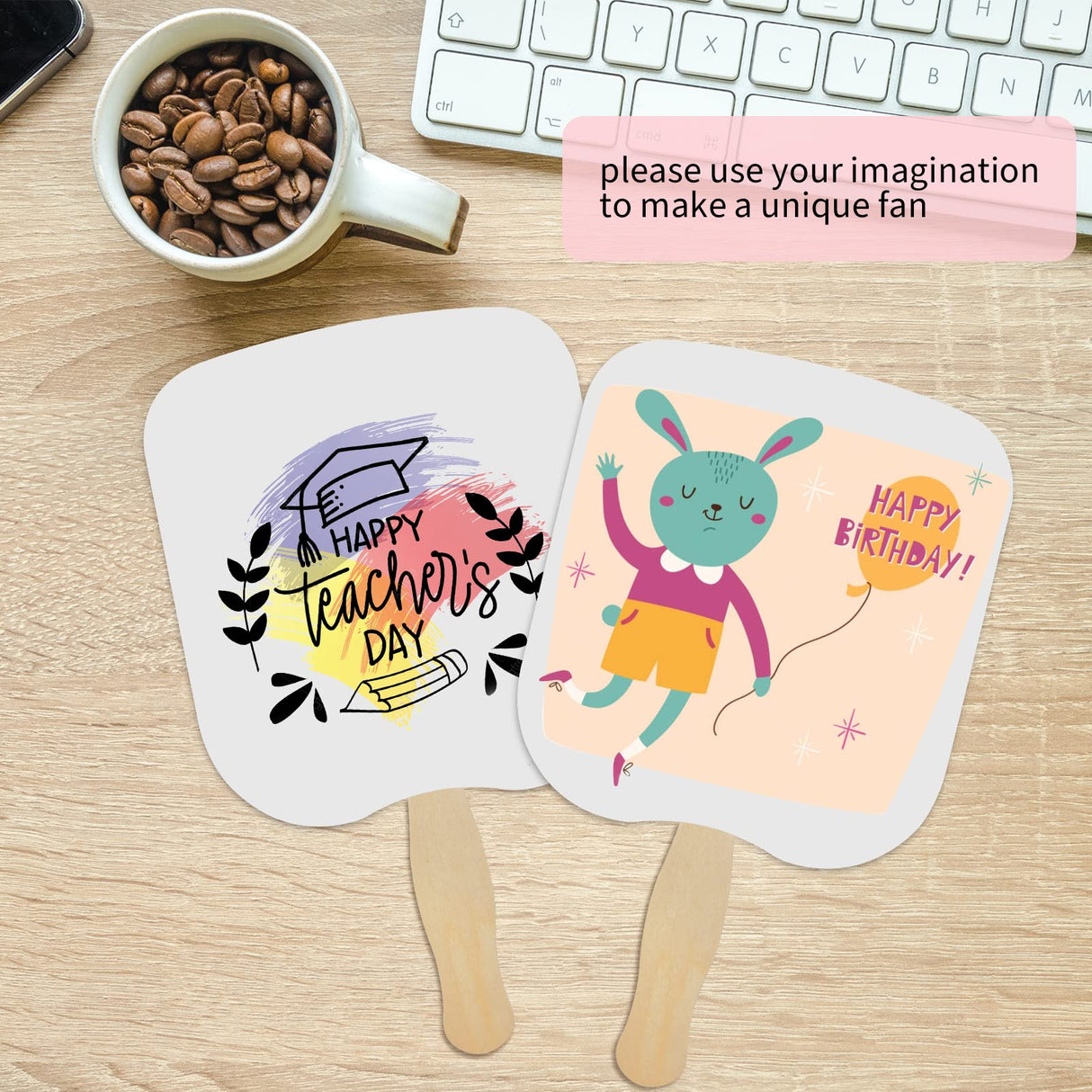 Fansunta 30 Pieces Church Fans Handheld Set, Including Fan Handle Craft Sticks Wavy Wooden Sticks, Blank White Cardstock, Double Sided Tape Church Fans for DIY Crafting Painting Fansunta