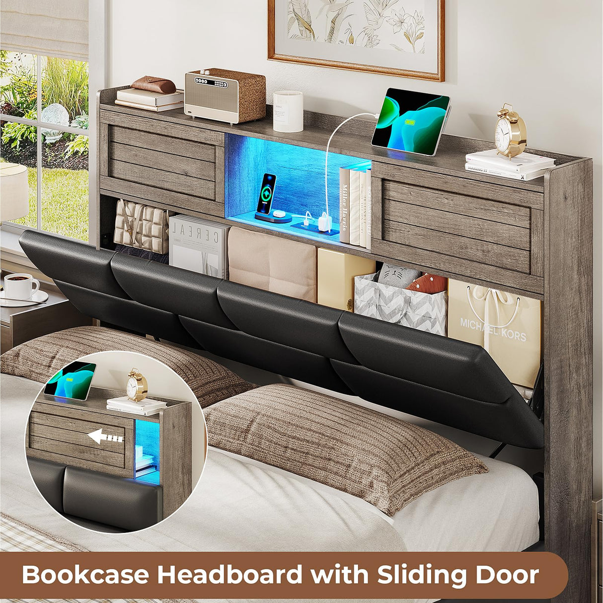 MSmask Queen Bed Frame with Bookcase Headboard and Sliding Doors, Upholstered LED Bed Frame Queen Size with Charging Station, 4 Storage Drawers, No Box Spring Needed, Black & Grey MSmask