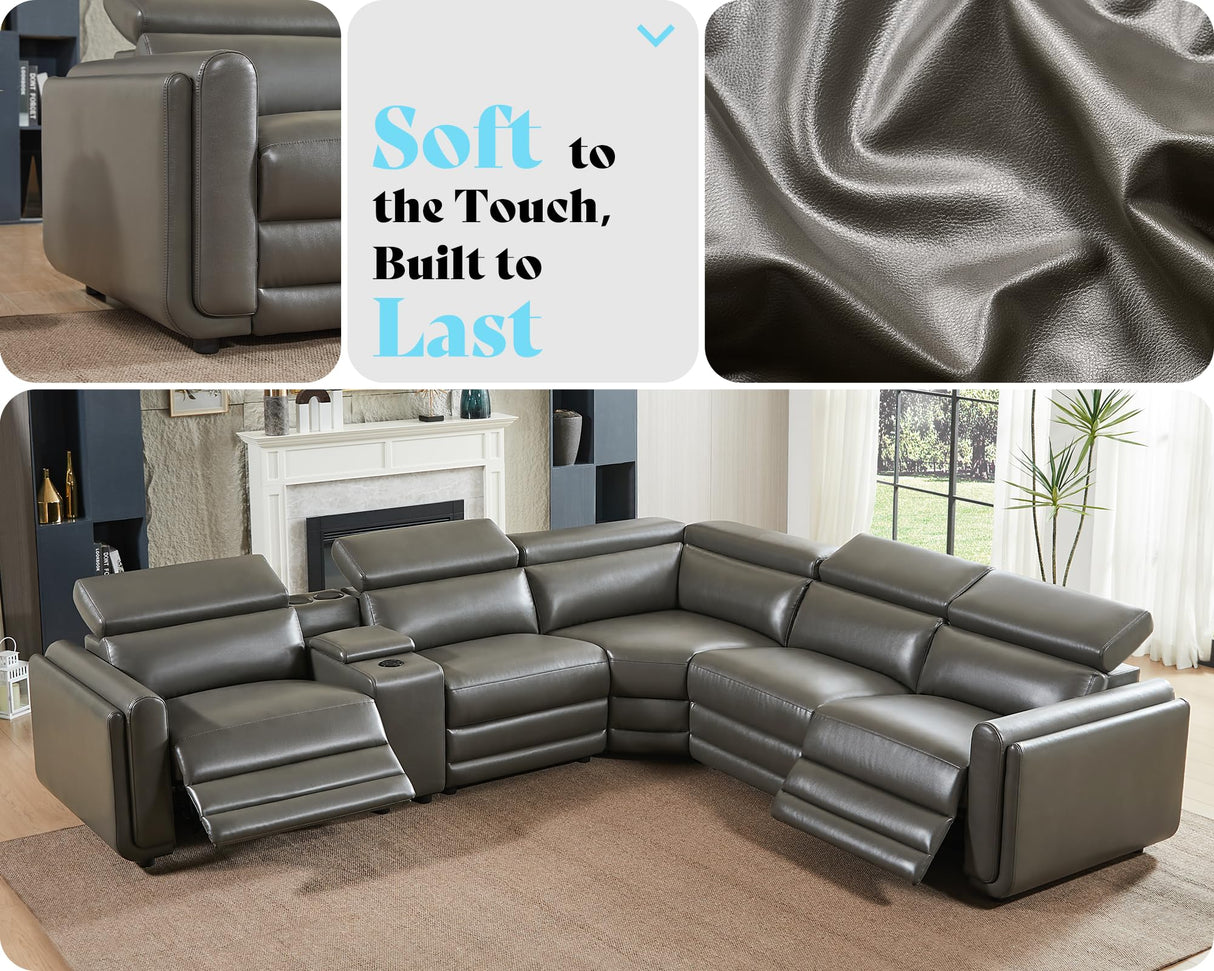 AMERLIFE Power Recliner Sofa, 129 Inch Oversized Reclining Sofa with Console & Speaker, 5 Seats L Shaped Sectional Couch for Living Room, Dark Grey Leather AMERLIFE