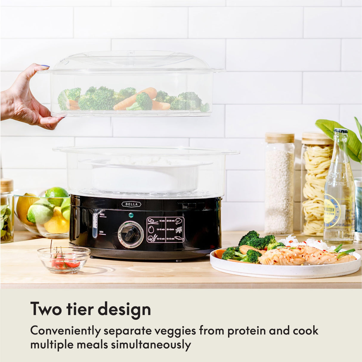 BELLA Two Tier Food Steamer with Dishwasher Safe Lids and Stackable Baskets & Removable Base for Fast Simultaneous Cooking - Auto Shutoff & Boil Dry Protection, Stainless Steel, 7.4 QT, Black BELLA