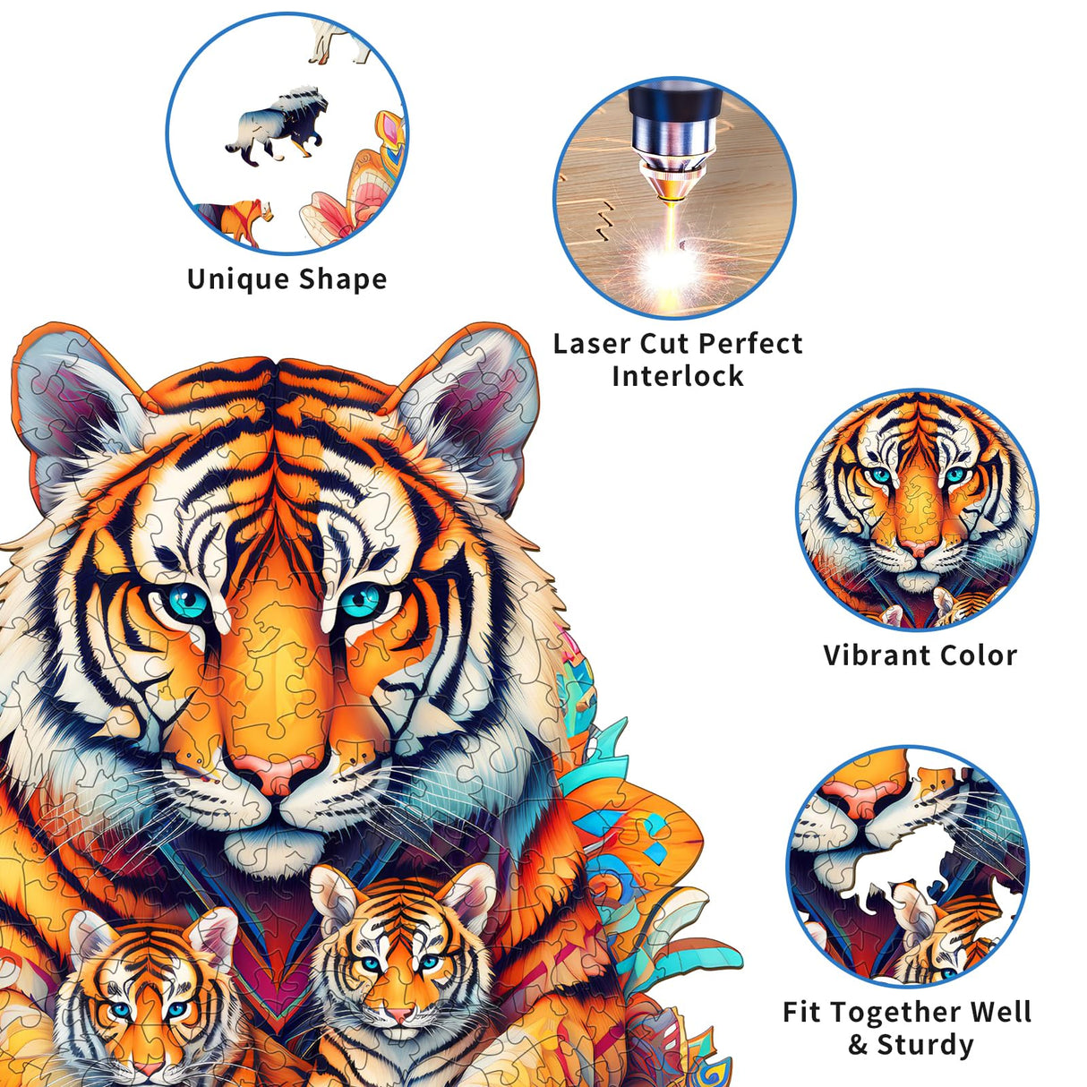 Woodemon Wooden Puzzles for Adults, Tiger Family (M-190pcs) Wooden Jigsaw Puzzles Kids, 11.2 * 11.8in Unique Shaped Animal Wood Puzzles Adults, Fathers Birthday Family Games Woodemon
