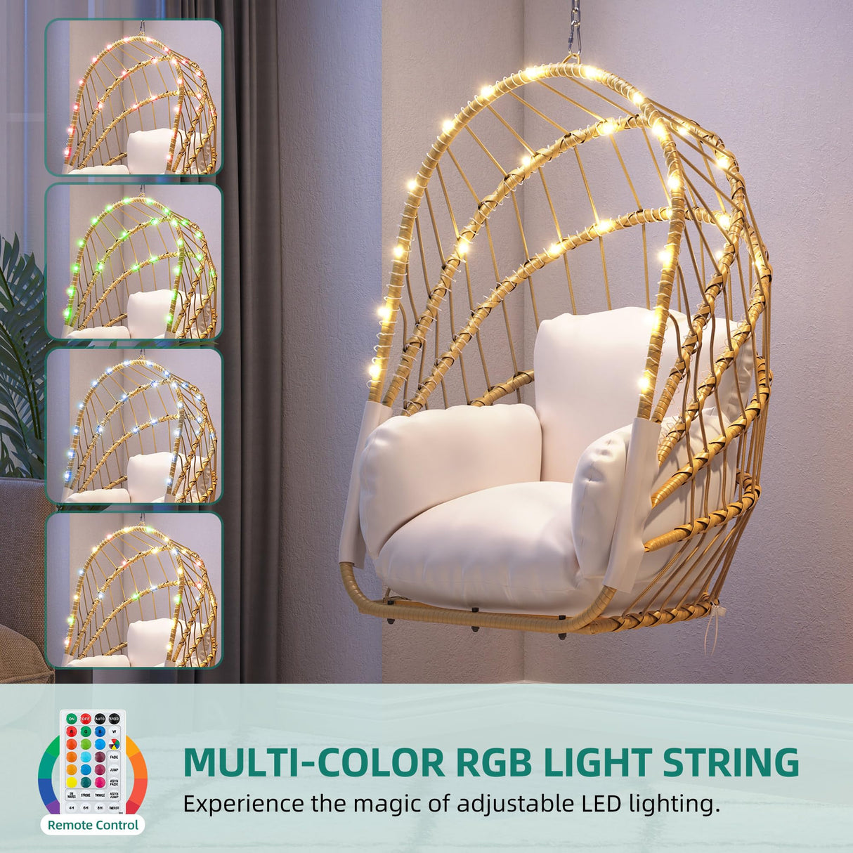 YITAHOME Hanging Egg Chair Without Stand, Rattan Wicker Swing Egg Chair with Light String & Resistant Cushion, 350lbs Capacity, Foldable Hanging Basket Chair for Porch, Garden, Balcony - Beige YITAHOME