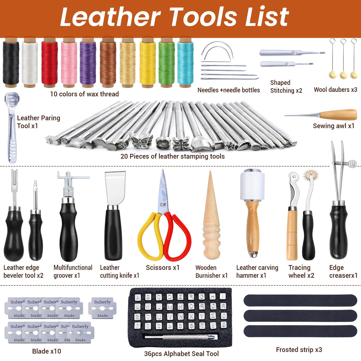 Leather Working Tools Craft Kit for Carving Stamping Sewing Punching Cutting with Storage Bag Professional Leather Tooling kit for DIY Crafting TEKCHIC