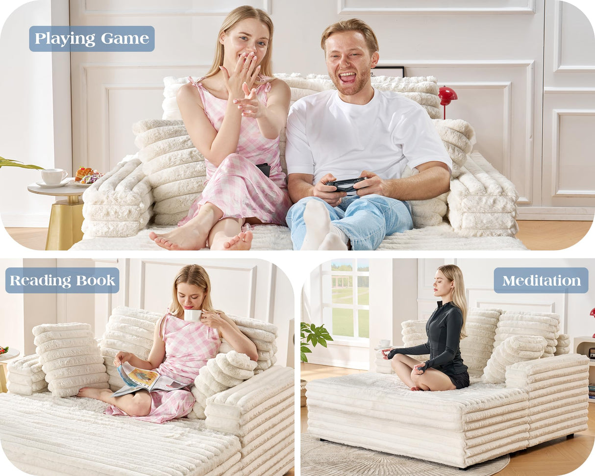 VanAcc 53 Inch Chaise Lounge Indoor, Upholstered Sofa Bed with Throw Pillows and Armrests, Sleeper Chair- Plush Chair Bed for Living Room, Off-White VanAcc