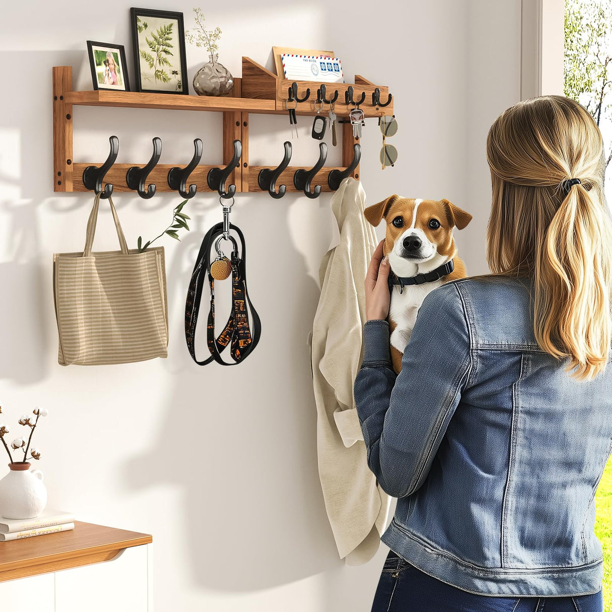 Evermagin 29" Coat Rack Wall Mount with Shelf, 4 in 1 Wall Mounted Coat and Key Hanger with 11 Hooks, Entryway Key Holder with Mail Holder for Living Room, Bedroom Evermagin