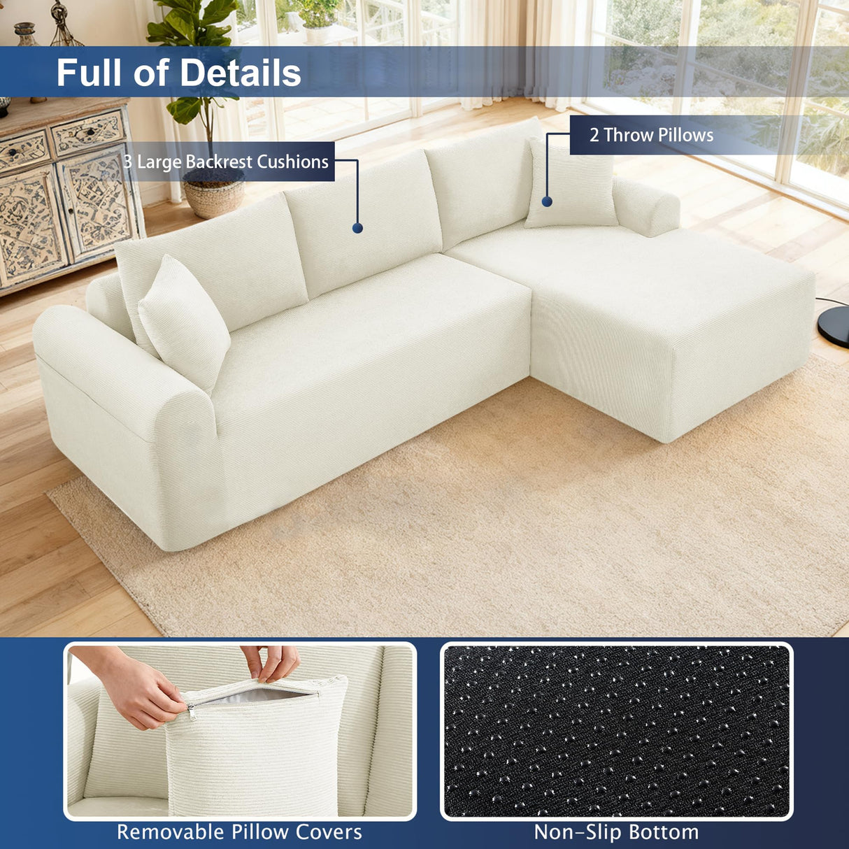 103'' Modular Sectional Sofa Cloud Couch Sectional with L-Shape Chaise, Modern Corduroy Modular Couch Sofa Bed with Throw Pillows, No Assembly Needed for Living Room, Right Facing Chaise, Beige Zyerch