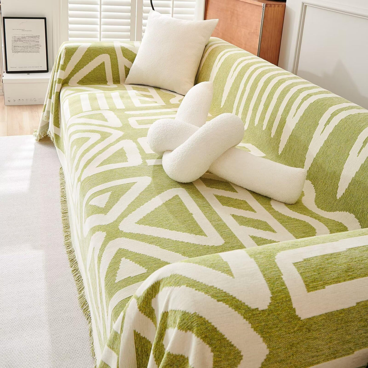 VClife Boho Couch Cover Non-slip Chenille Sectional Sofa Couch Cover for 2 Cushion Couch Sofa Modern Cream White Green Geometry Sofa Slipcover for Loveseat Washable Furniture Protector Cover 71"x 118" VClife