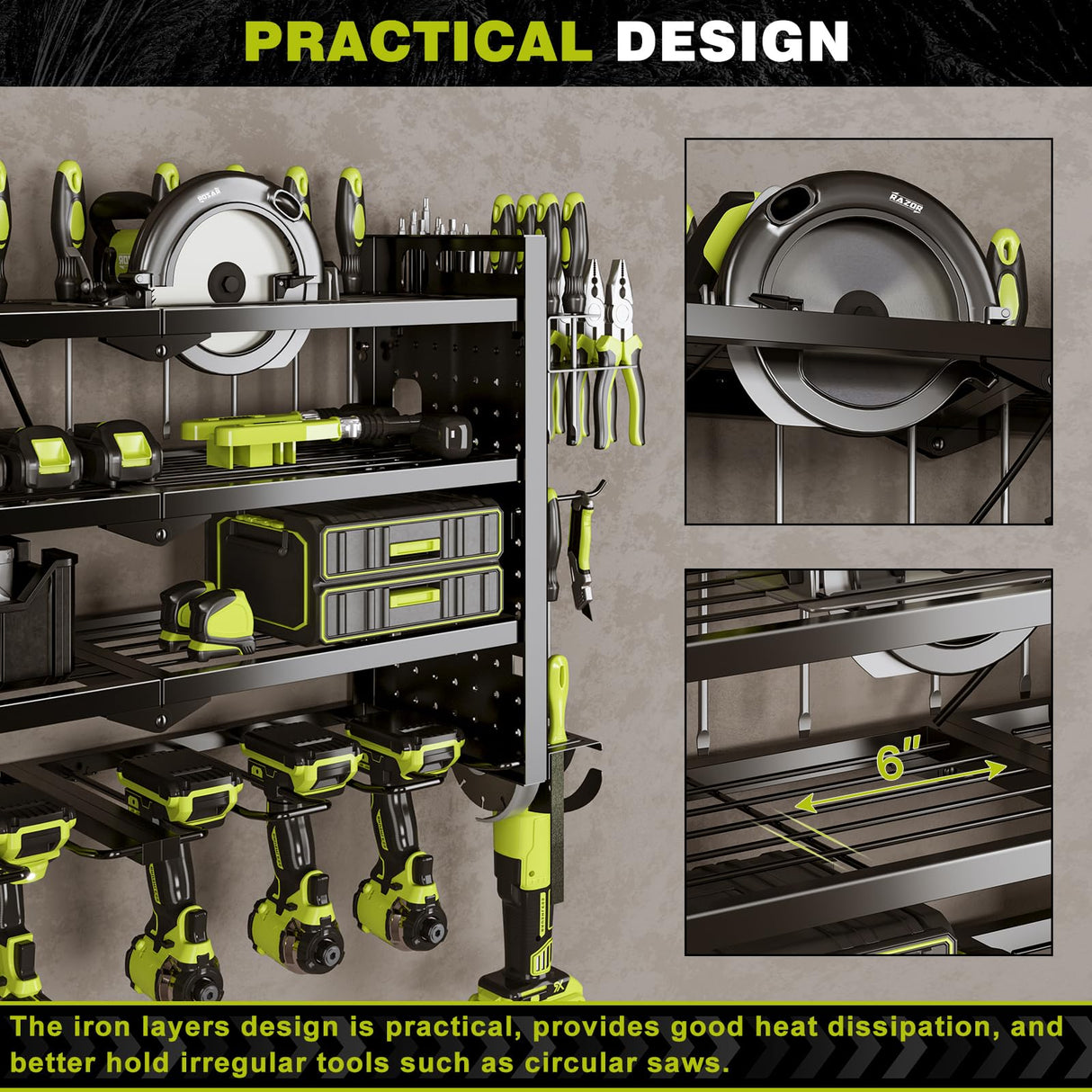 NattyDot Power Tool Organizer Wall Mount with Charging Station 4 Layer 6 Slot Cordless Drill Holder with Angle Grinder Holder (Black) NattyDot