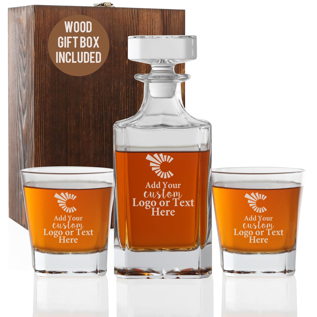 Personalized Whiskey Decanter Set with Photo, Logo or Text, Custom Engraved Liquor Decanter with whiskey glasses, Customized Gifts for Men, Dad, Birthday & Retirement with Wood Gift Box (Text or Logo) Yay! Personalized Gifts