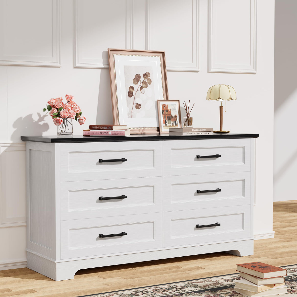YESHOMY Dresser for Bedroom, Farmhouse 6 Drawers Dresser, Chest of Drawer Chest, Multi-Tier Clothing Storage Cabinet, White and Brown YESHOMY