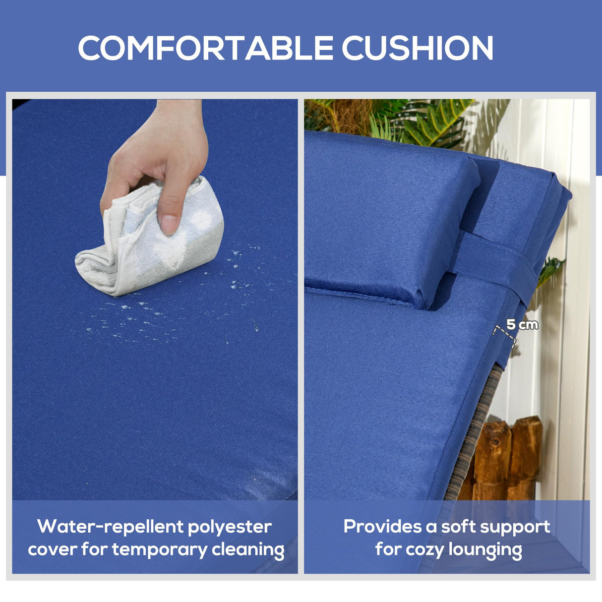 Outsunny Wicker Outdoor Chaise Lounge Set of 2, 5-Level Adjustable Backrest PE Rattan Pool Lounge Chair with Wheels, Cushion & Headrest, Brown and Dark Blue Outsunny