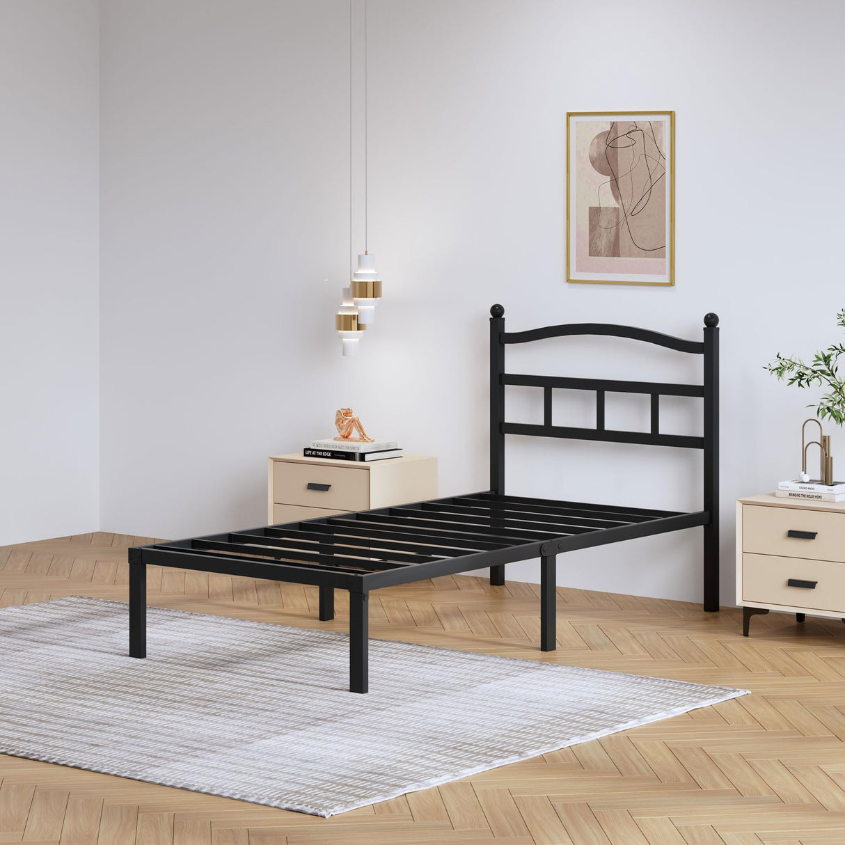 SHOANED 14 Inch Metal Bed Frame - Twin Size Heavy Duty Bedframe with Headboard Black Basic Steel Slats Platform No Box Spring Needed/Easy Assembly/Noise Free SHOANED
