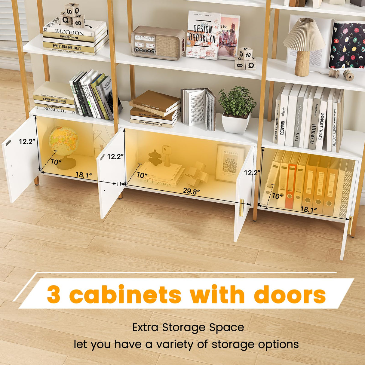 Semoic Arched Bookshelves and Bookcases: Triple Wide 5-Tier Large Open Bookshelf, Etagere Bookcase with Display Shelf for Home Office, White and Gold Semoic