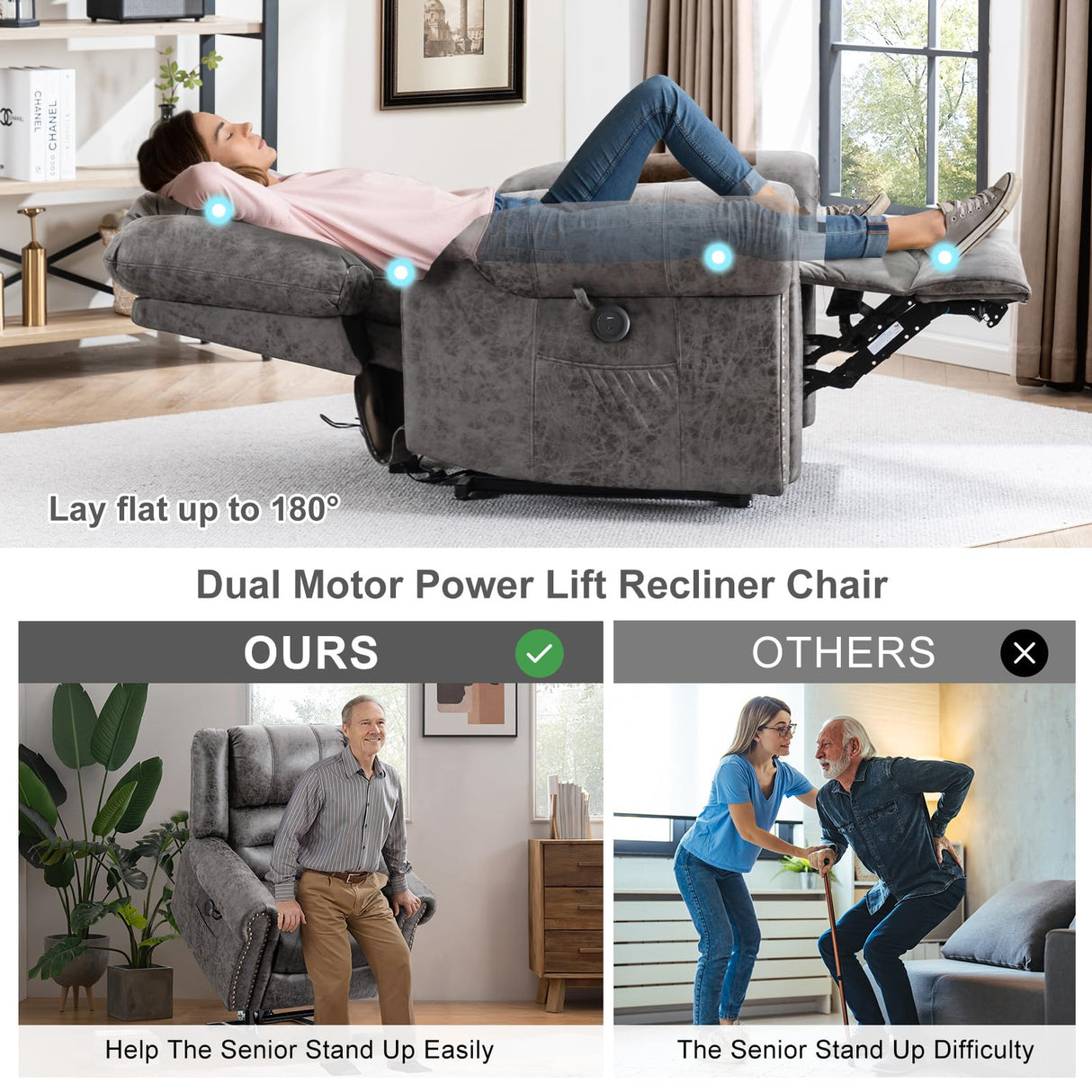 CDCASA Dual Motor Lay Flat Lift Chairs Recliners for Elderly with Massage and Heat, Breathable Leather Infinite Position Large Sleeping Electric Power Lift Chair Recliner for Seniors, Grey CDCASA