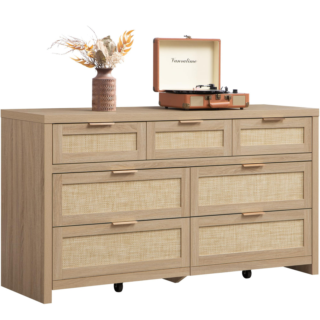 SICOTAS 7 Drawer Dresser for Bedroom, 57" Wide Rattan Dressers, Large Chest of Drawers for Bedroom, Dresser TV Stand, Boho Closet Organizer (Reclaimed Light Oak, 7 Drawers (1 pc)) SICOTAS