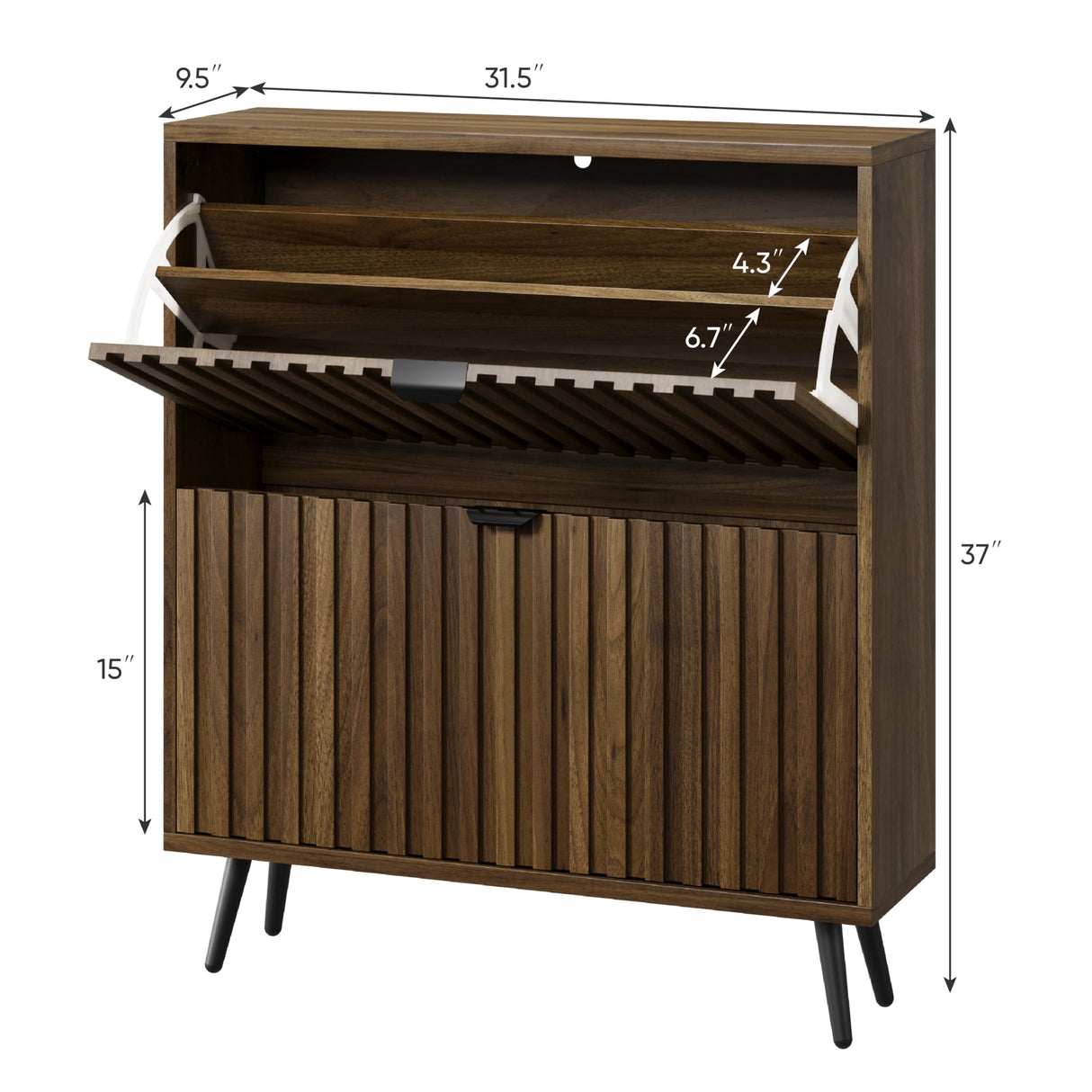 Smuxee Shoe Cabinet with 2 Flip Drawers, 31.5" Walnut Hidden Shoe Storage Cabinet with Fluted Design, Freestanding Shoe Organizer Cabinet for Entryway, Hallway, Closet, Living Room Smuxee