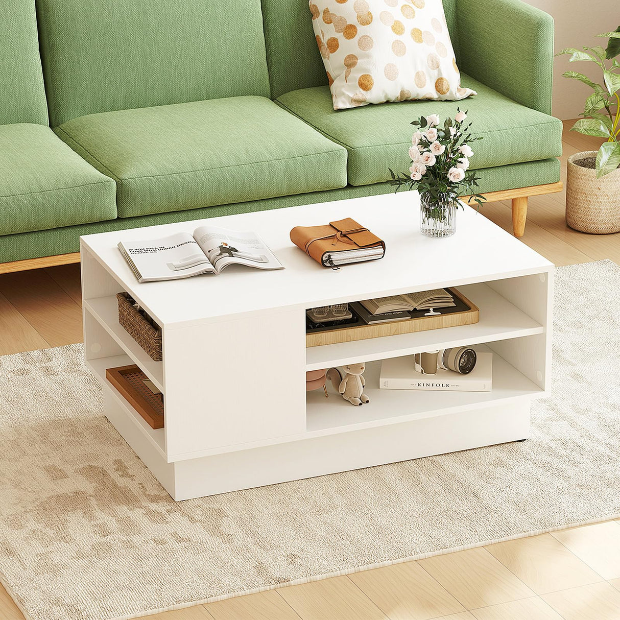 Giantex Coffee Table with Storage, Rectangle Accent Sofa Table with Shelf & Elevated Base, 2-Tier Modern Cocktail Table, Geometric Center Table for Living Room, Reception Room, Lounge, White Giantex