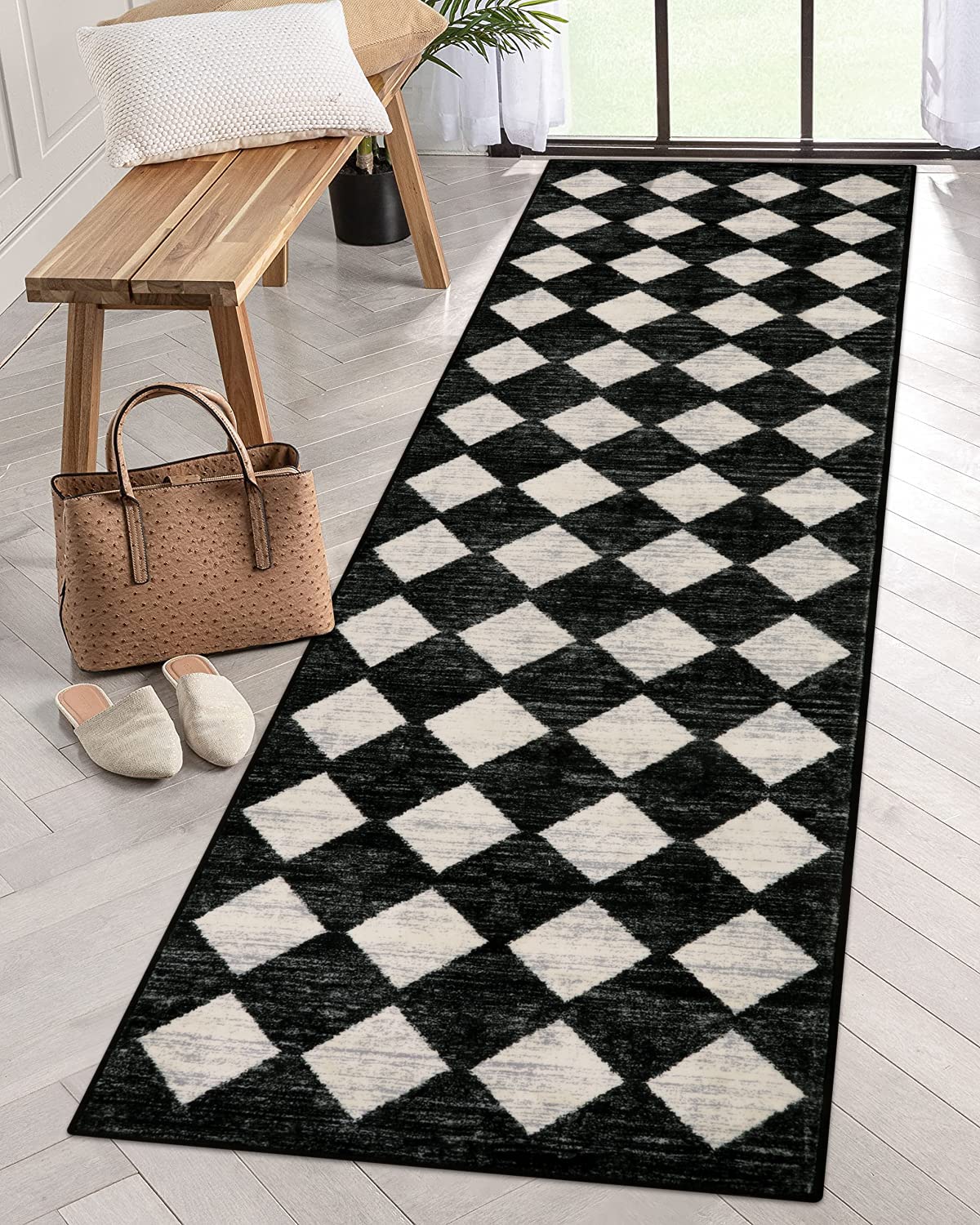 Lahome Moroccan Trellis Runner Rug - 2x8 Black Hallway Runner Rug with Rubber Backing, Checkered Kitchen Non Skid Carpet Runner Washable Indoor Mat for Camper Entryway Bathroom Hardwood Floor Lahome