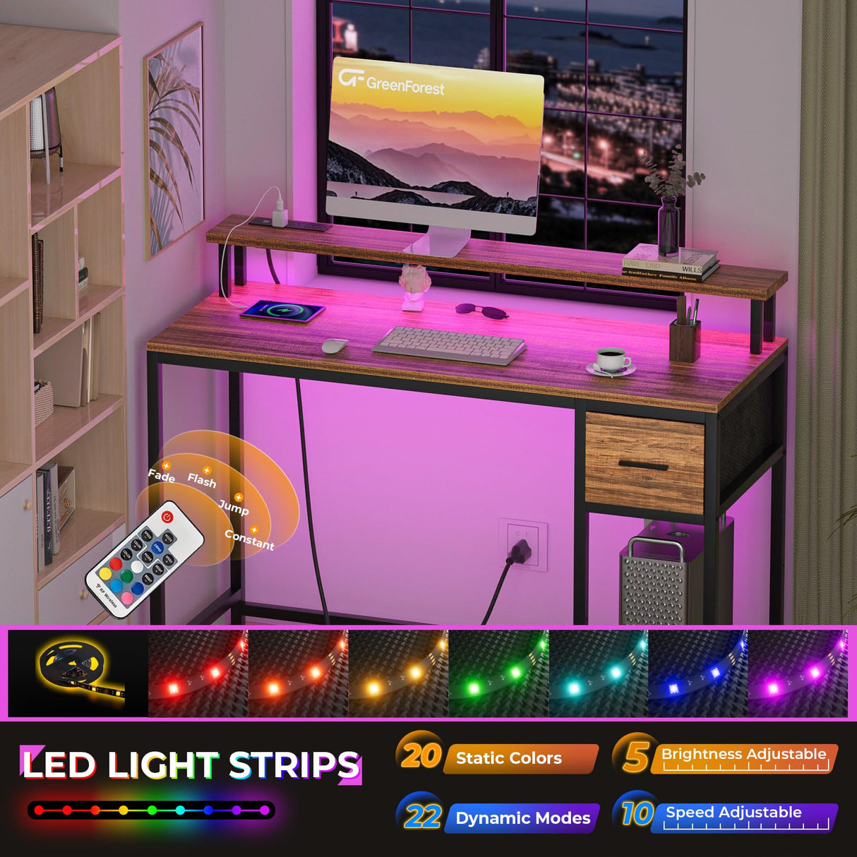 GreenForest Computer Desk with Drawers 47 inch,Gaming Desk with LED Lights & Power Outlets Small Desk with Monitor Stand and Reversible Shelf,Walnut GreenForest