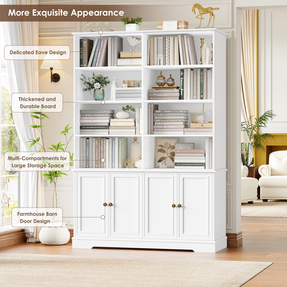 FINETONES 73" Tall Bookshelf with Doors, 6-Tier White Bookshelf Double Wide Bookcases and Bookshelves with Storage, Tall Book Shelf Large Bookcase Standing Book Cabinet for Home Office FINETONES