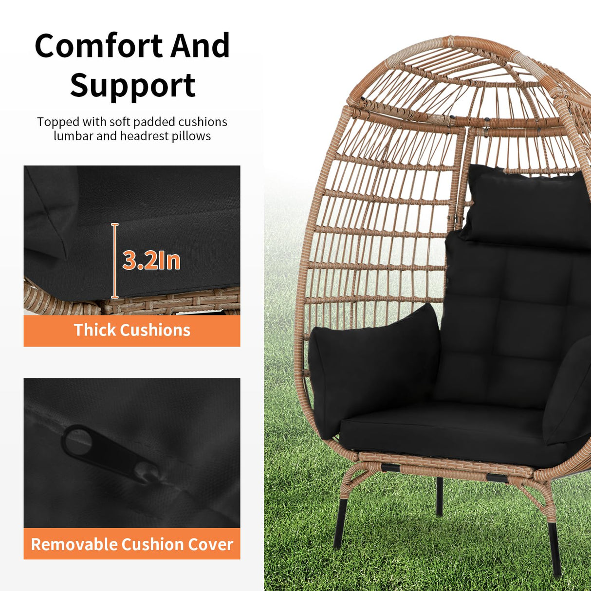PayLessHere Egg Chair Egg Basket Rattan Chair Steel Frame Oversized Indoor Outdoor Lounger Simple Installation with 4 Comfort Cushion and Stand,352lb Capacity for Patio Garden Living Room,Black PayLessHere