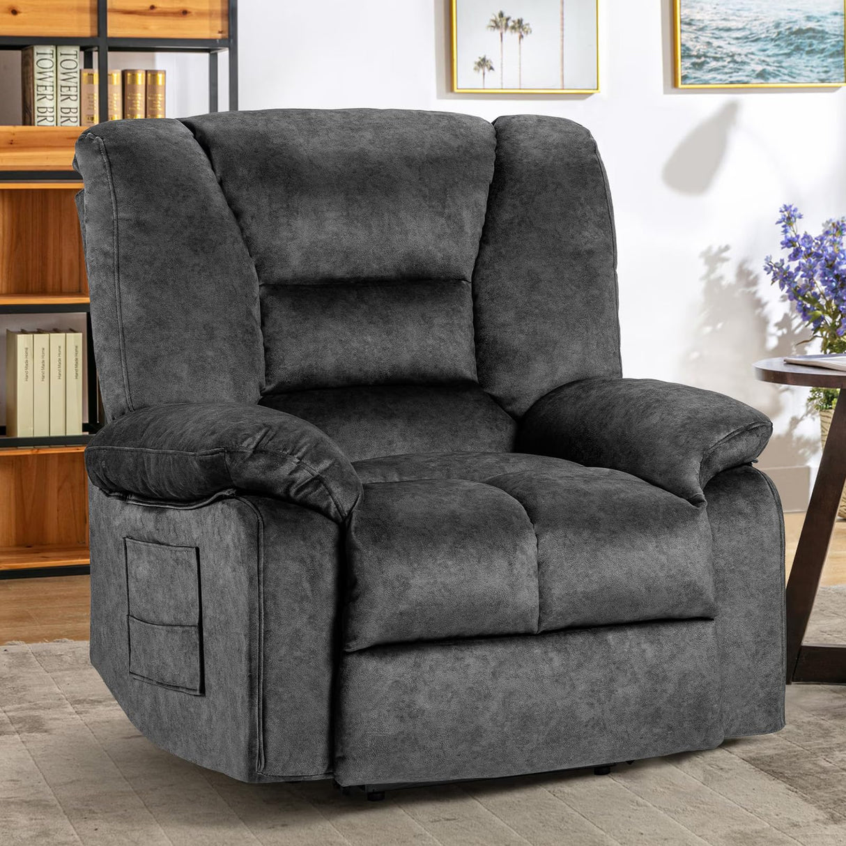 Fabric Lazy Boy Recliner Chair for Bedroom, Manual Reclining Chairs for Adults,Grey Recliner Chair with Adjustable Backrest & Foootrest/Overstuffed Cushion, Havy Duty (Grey) HRVEOCEI