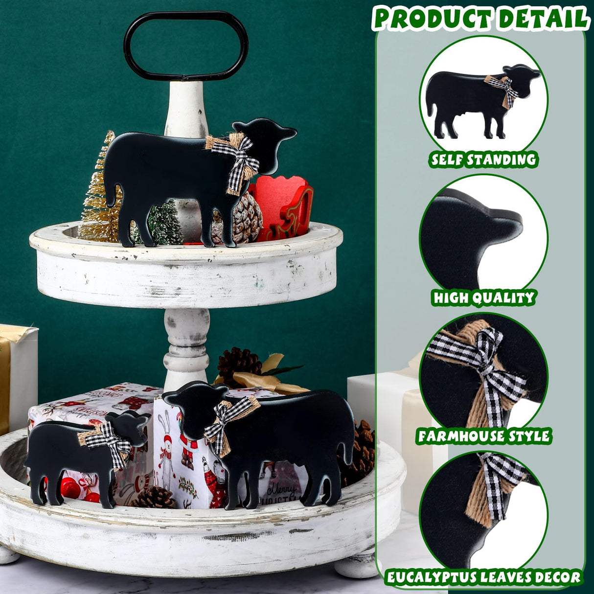 Bucherry 3 Pcs Farmhouse Cows Tiered Tray Decor Wooden Cow Tabletop Rustic Block Centerpiece Cow Table Sign Standing Ornament for Home Kitchen Holiday Party Decor(Popular Style) Bucherry