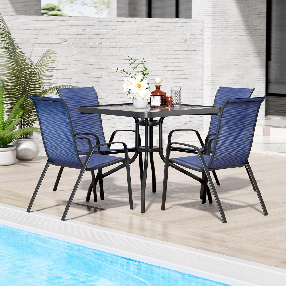TLSUNNY Patio Dining Set 5 Pieces, All Weather Outdoor Furniture W/30"X 30" Table and 4 Stackable Textilene Chairs, Metal Table and Chairs for Lawn, Garden, Poolside, Backyard (Umbrella not Included) TLSUNNY