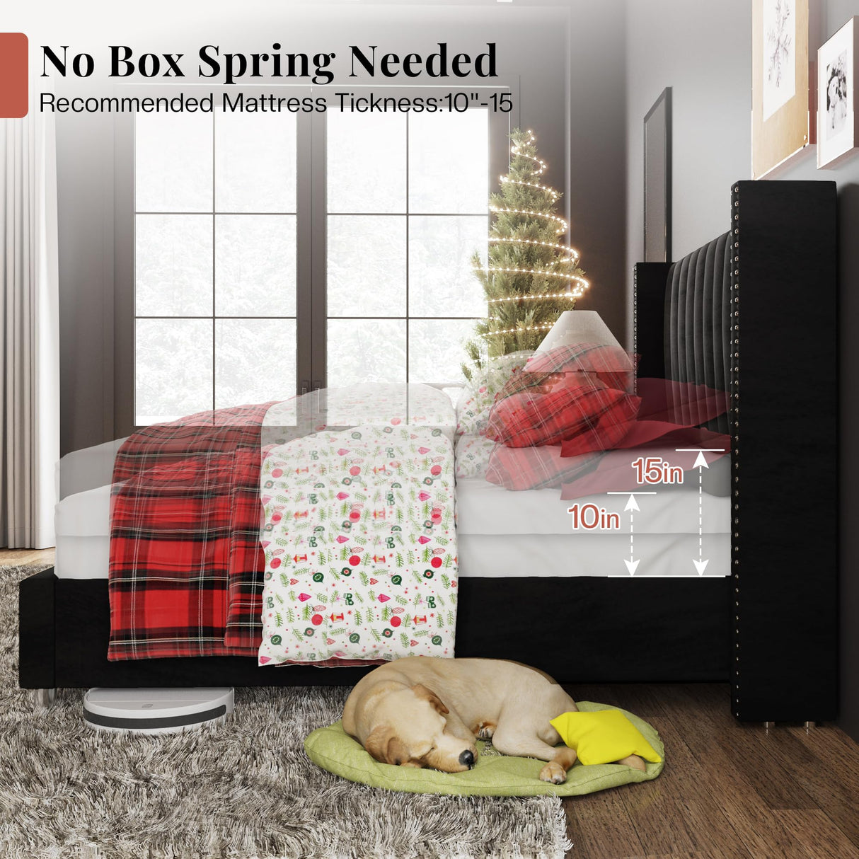 Jocisland Queen Size Upholstered Platform Bed Frame with Tall Wingback Headboard, Velvet Modern Luxury Design, No Box Spring Needed, Easy Assembly, Black Jocisland