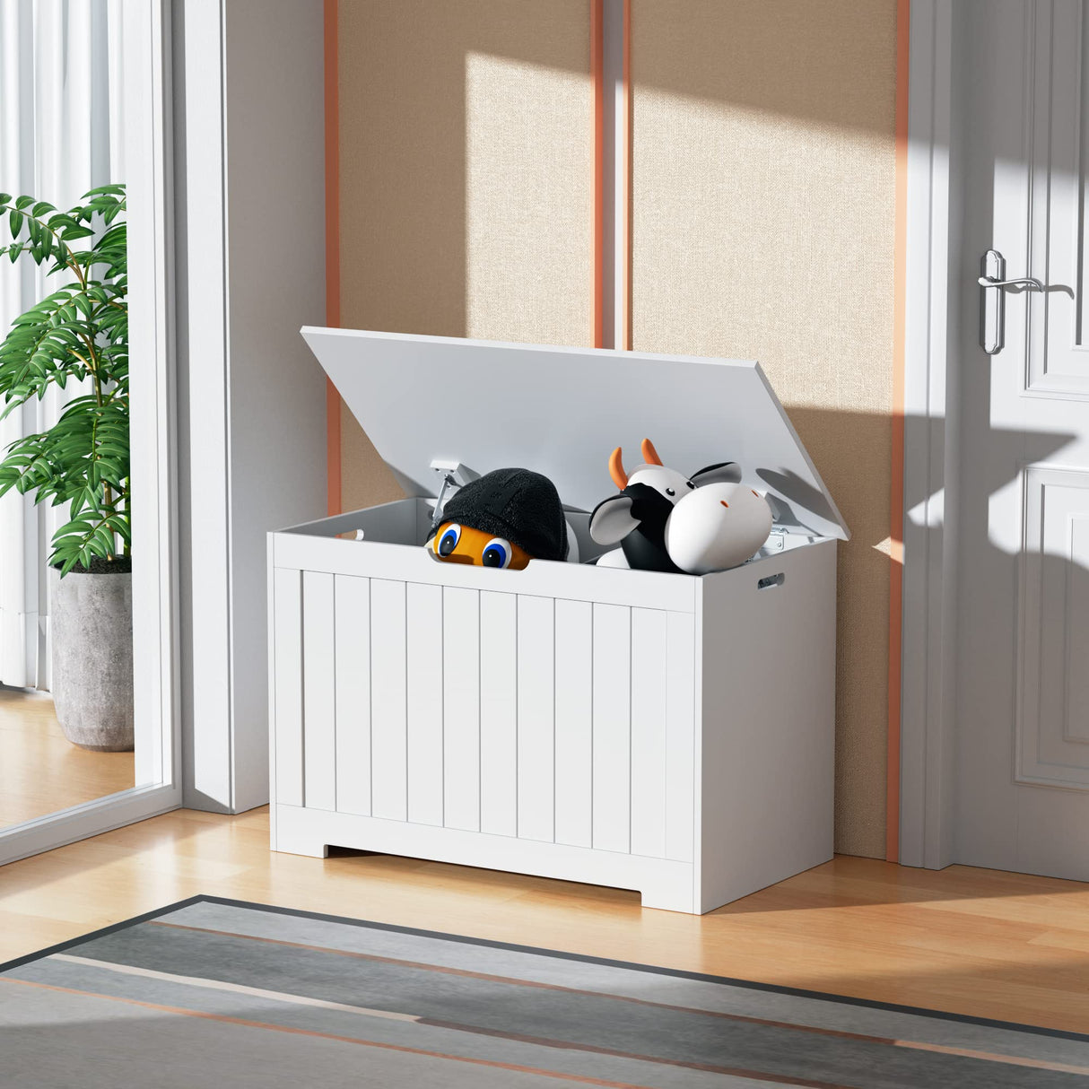 Epetlover Toy Box Storage Chest for Girls Boys, Wooden Trunk Bench w/Flip-top Lid & Safety Hinge, Kids Play Room Nursery Organizer, Bedroom Storage w/ 100L Storage Area (White) Epetlover