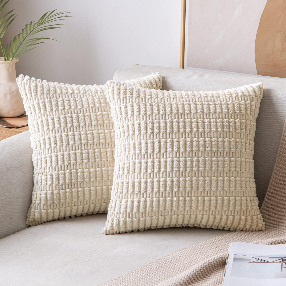 MIULEE Pack of 2 Corduroy Decorative Throw Pillow Covers 18x18 Inch Soft Boho Striped Pillow Covers Spring Modern Farmhouse Home Decor for Sofa Living Room Couch Bed Cream White MIULEE
