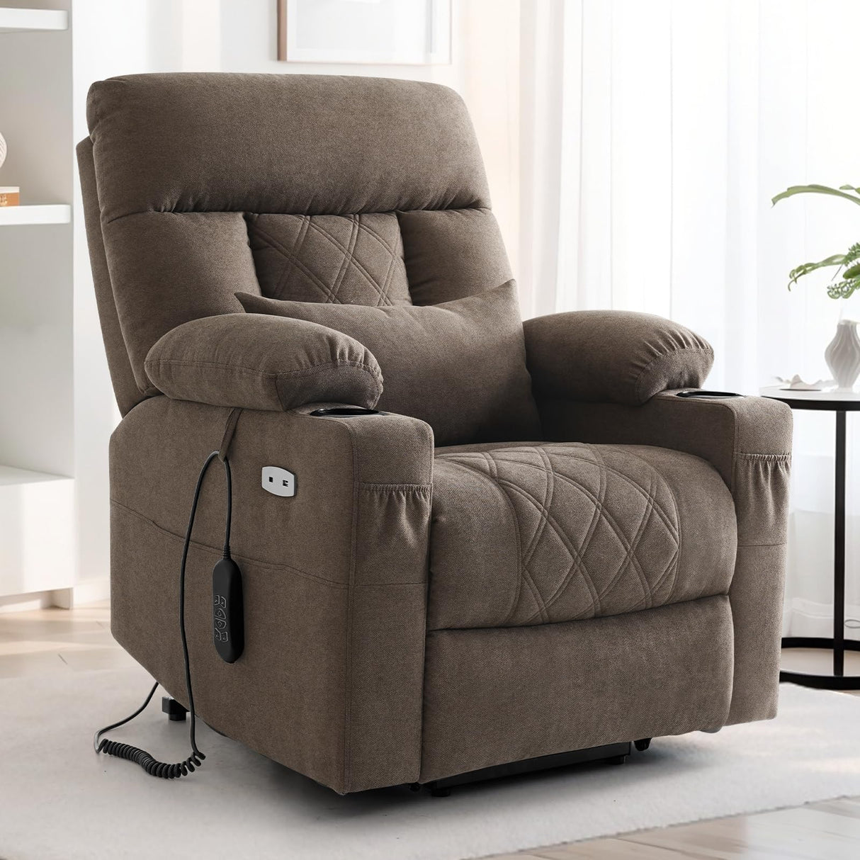 Power Lift Recliner Chair for Elderly with Extended Footrest, Infinite Position Lay Flat Recliner Chair for Adult W/Massage & Heating, Adjustable Headrest, 3-Motor Zero Gravity,Cup Holder, Fabric RESTREAL