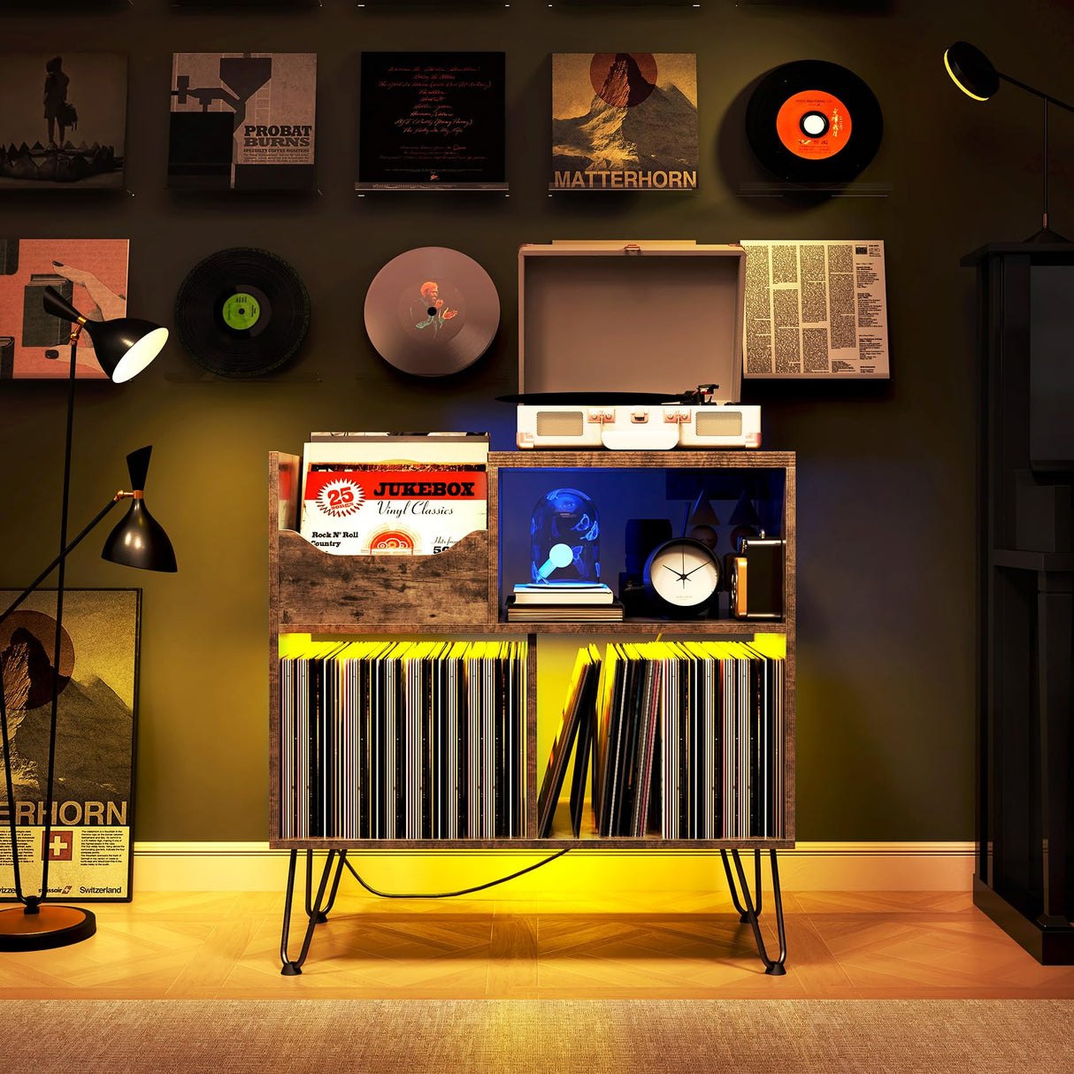 TC-HOMENY Record Player Stand with Vibration-Isolated Turntable Design, Vinyl Record Storage Table with Charging Station, Mid-Century Modern Turntable Stand TC-HOMENY