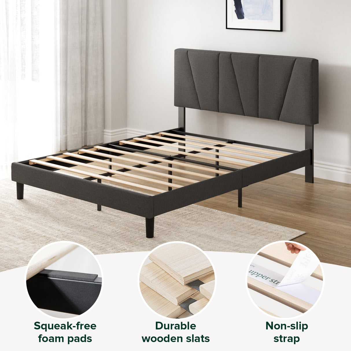 ZINUS Queen Maya Upholstered Bed Frame with Asymmetric Headboard, Durable Wooden Slats, Sturdy Framework, Noise Free Sleep, No Box Spring Needed, Easy Assembly, Eco Friendly Packaging, Dark Grey Zinus