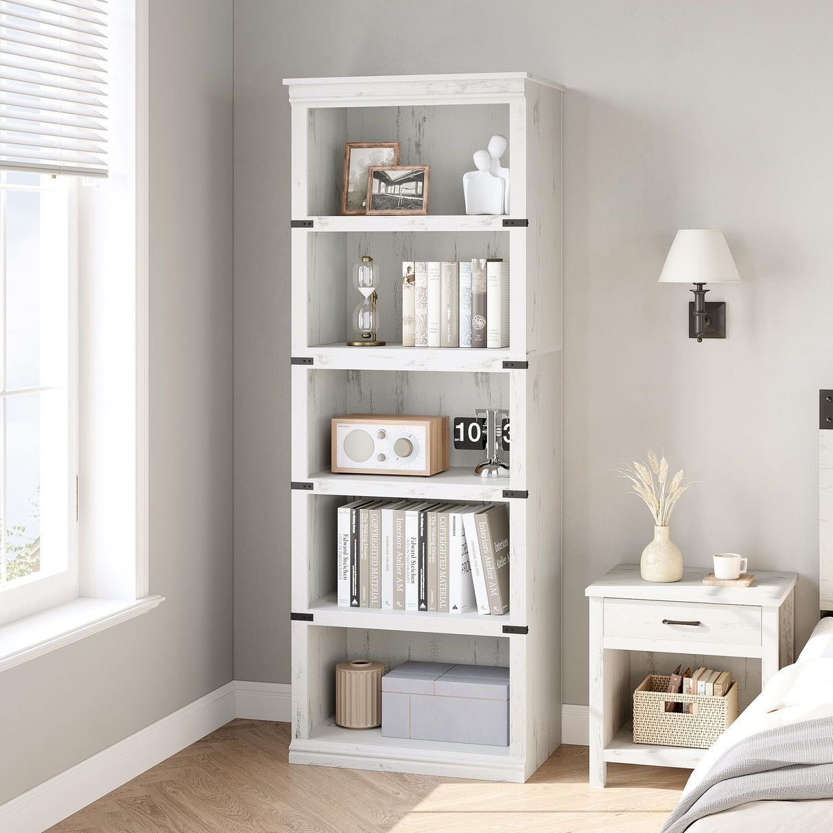 GAOMON 5 Tier Bookcase, Farmhouse Book Shelf with Storage, 67.4 Inch Tall Open Display Bookshelves, Wooden 5 Shelf Bookcase for Living Room, Bedroom-White GAOMON