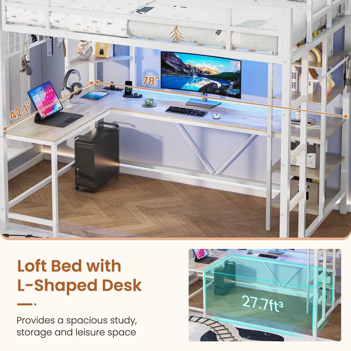 MSmask Loft Bed Twin Size with L Shaped Desk, LED Lights, Charging Station, Heavy Duty Metal Loft Bed Frame with 6 Storage Shelves, Safety Guard & Ladder, No Box Spring Needed, No Noise, White MSmask
