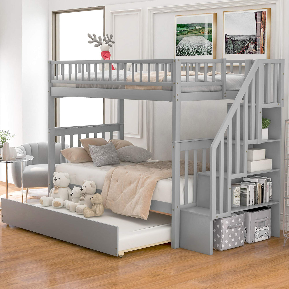 N NAANSI Grey Twin-Over-Twin Bunk Bed with Trundle and Storage Staircase N NAANSI