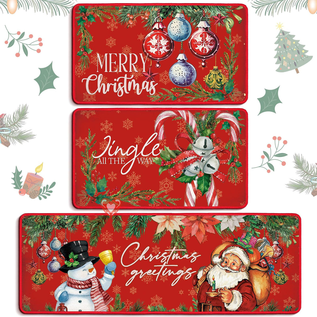 Drydiet 3 Pcs Christmas Kitchen Rugs and Mats Set Xmas Winter Farmhouse Non Slip Rugs Christmas Snowman Candy Holly Berries Floor Mats for Kitchen Home Hallway Holiday Decor, 17 x 29 and 17 x 47 Inch Drydiet