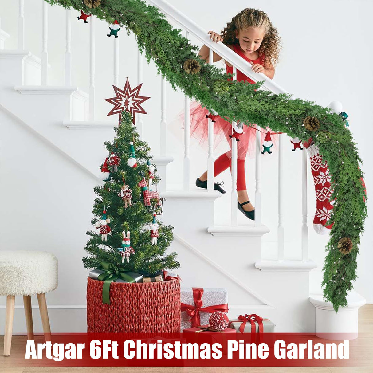 Artgar 6 Ft Christmas Garland - Cedar Garland - Cypress Garland with Pine Cone - Real Touch Pine Garland - Garland Christmas Decorations for Home Dining Table Mantel Porch Winter Christmas Decor Artgar